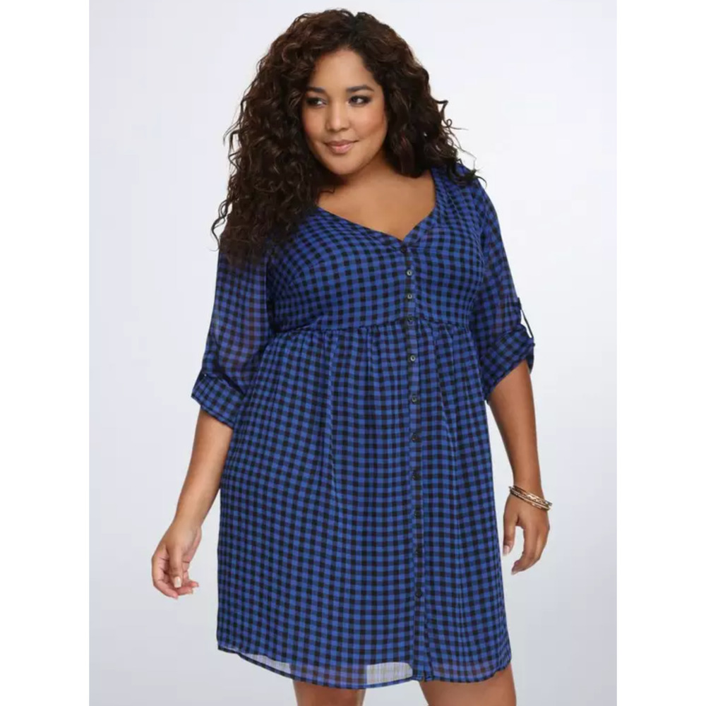 Torrid Chiffon Shirt Dress Button Front‎ Size 2 Blue Black Plaid 2 Piece Slip